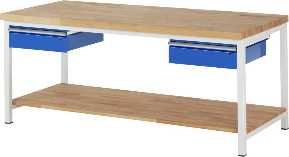 RAU Werkbank Modell 8002 B2000 x T900 x H840 mm, Gestell RAL7035, Ausstatung RAL5010 Produktbild RAU Werkbank Modell 8002 B2000 x T900 x H840 mm, Gestell RAL7035, Ausstatung RAL5010