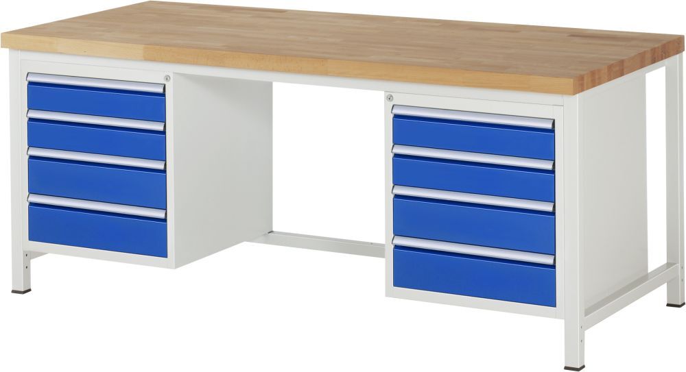 RAU Werkbank Modell 8181 B2000 x T900 x H840 mm, Gestell RAL7035, Ausstatung RAL5010 Produktbild RAU Werkbank Modell 8181 B2000 x T900 x H840 mm, Gestell RAL7035, Ausstatung RAL5010