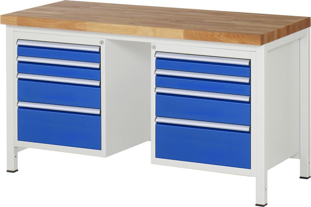 RAU Werkbank Modell 8182 B1500 x T700 x H840 mm, Gestell RAL7035, Ausstatung RAL5010 Produktbild RAU Werkbank Modell 8182 B1500 x T700 x H840 mm, Gestell RAL7035, Ausstatung RAL5010