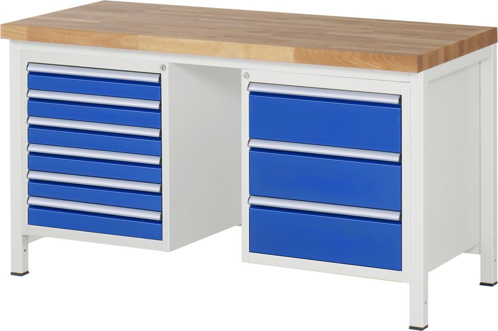 RAU Werkbank Modell 8183 B1500 x T700 x H840 mm, Gestell RAL7035, Ausstatung RAL5010 Produktbild RAU Werkbank Modell 8183 B1500 x T700 x H840 mm, Gestell RAL7035, Ausstatung RAL5010