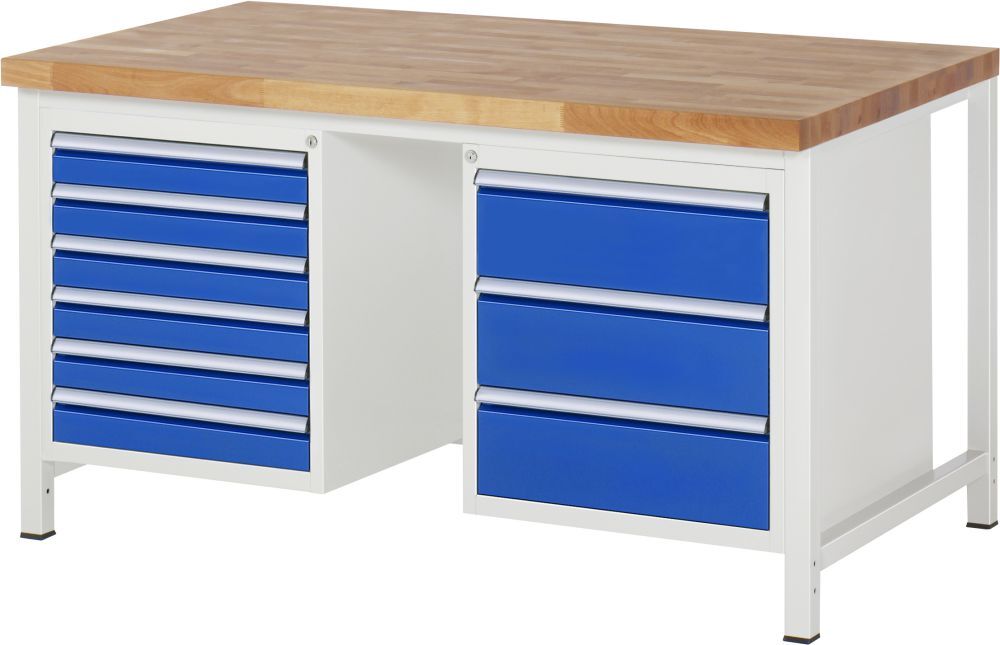 RAU Werkbank Modell 8183 B1500 x T900 x H840mm, Gestell RAL7035, Ausstatung RAL5010 Produktbild RAU Werkbank Modell 8183 B1500 x T900 x H840mm, Gestell RAL7035, Ausstatung RAL5010