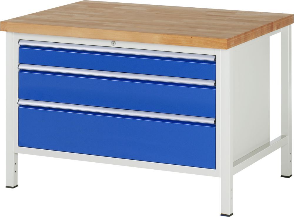 RAU Werkbank Modell 8359 B1250 x T900 x H840 mm, Gestell RAL7035, Ausstatung RAL5010 Produktbild RAU Werkbank Modell 8359 B1250 x T900 x H840 mm, Gestell RAL7035, Ausstatung RAL5010