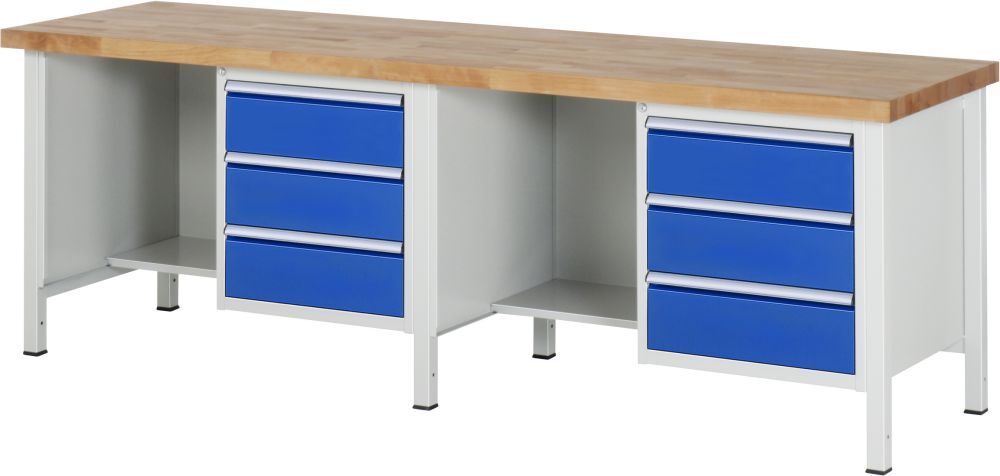 RAU Werkbank Modell 8452 B2500 x T700 x H840 mm, Gestell RAL7035, Ausstatung RAL5010 Produktbild RAU Werkbank Modell 8452 B2500 x T700 x H840 mm, Gestell RAL7035, Ausstatung RAL5010