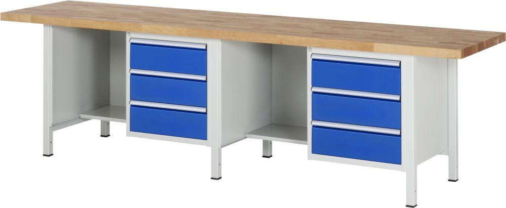 RAU Werkbank Modell 8452 B3000 x T700 x H840 mm, Gestell RAL7035, Ausstatung RAL5010 Produktbild RAU Werkbank Modell 8452 B3000 x T700 x H840 mm, Gestell RAL7035, Ausstatung RAL5010