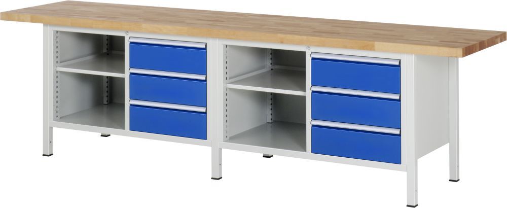 RAU Werkbank Modell 8462 B3000 x T700 x H840 mm, Gestell RAL7035, Ausstatung RAL5010 Produktbild RAU Werkbank Modell 8462 B3000 x T700 x H840 mm, Gestell RAL7035, Ausstatung RAL5010