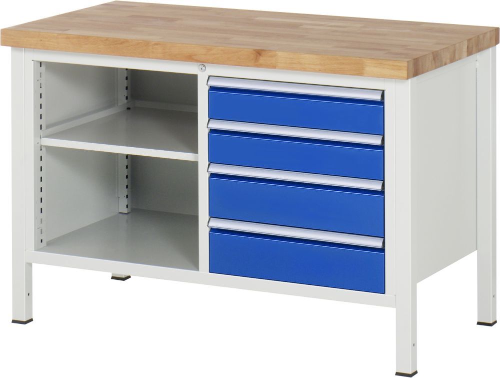 RAU Werkbank Modell 8463 B1250 x T700 x H840 mm, Gestell RAL7035, Ausstatung RAL5010 Produktbild RAU Werkbank Modell 8463 B1250 x T700 x H840 mm, Gestell RAL7035, Ausstatung RAL5010