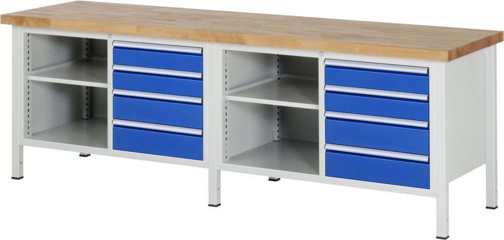 RAU Werkbank Modell 8463 B2500 x T700 x H840 mm, Gestell RAL7035, Ausstatung RAL5010 Produktbild RAU Werkbank Modell 8463 B2500 x T700 x H840 mm, Gestell RAL7035, Ausstatung RAL5010