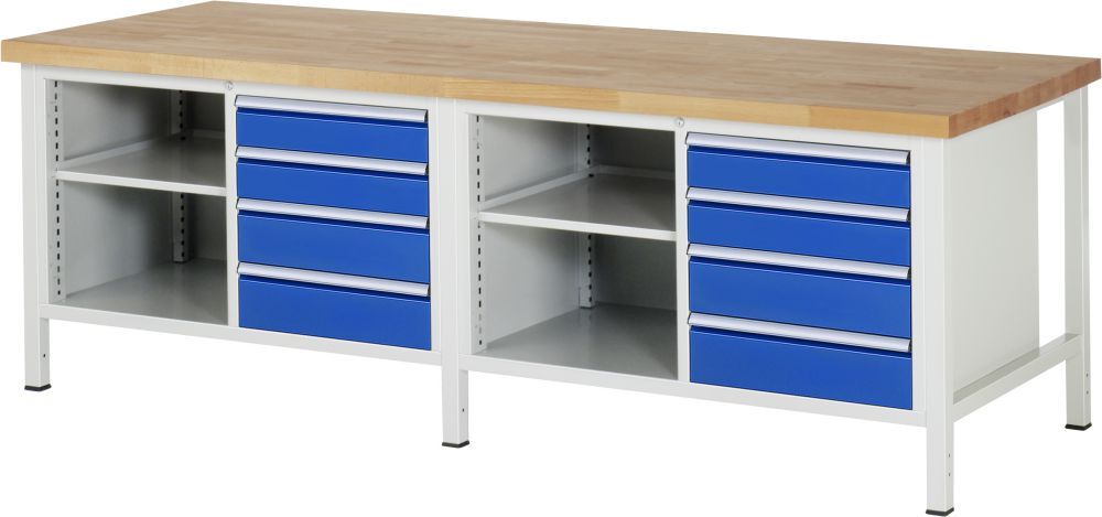 RAU Werkbank Modell 8463 B2500 x T900 x H840 mm, Gestell RAL7035, Ausstatung RAL5010 Produktbild RAU Werkbank Modell 8463 B2500 x T900 x H840 mm, Gestell RAL7035, Ausstatung RAL5010