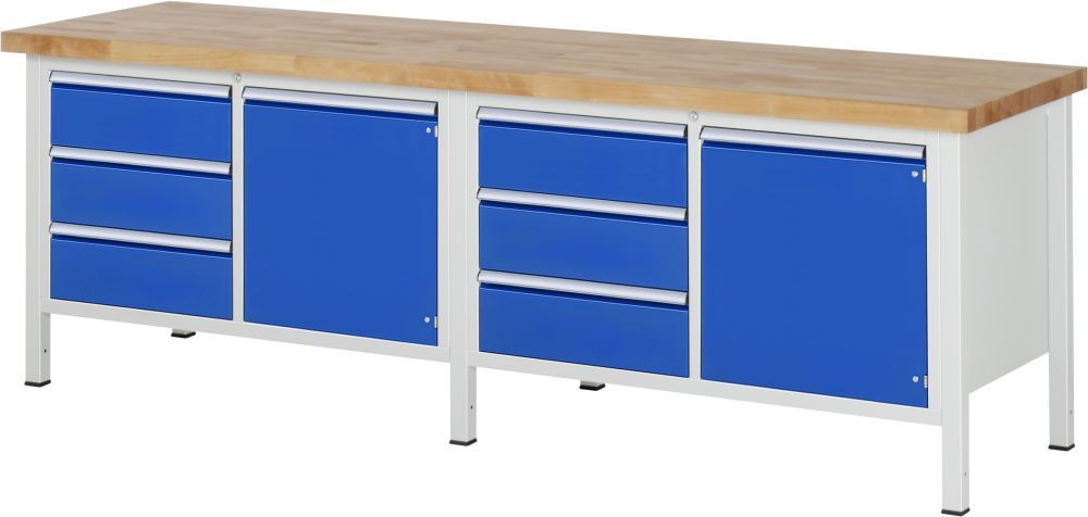 RAU Werkbank Modell 8468 B2500 x T700 x H840 mm, Gestell RAL7035, Ausstatung RAL5010 Produktbild RAU Werkbank Modell 8468 B2500 x T700 x H840 mm, Gestell RAL7035, Ausstatung RAL5010