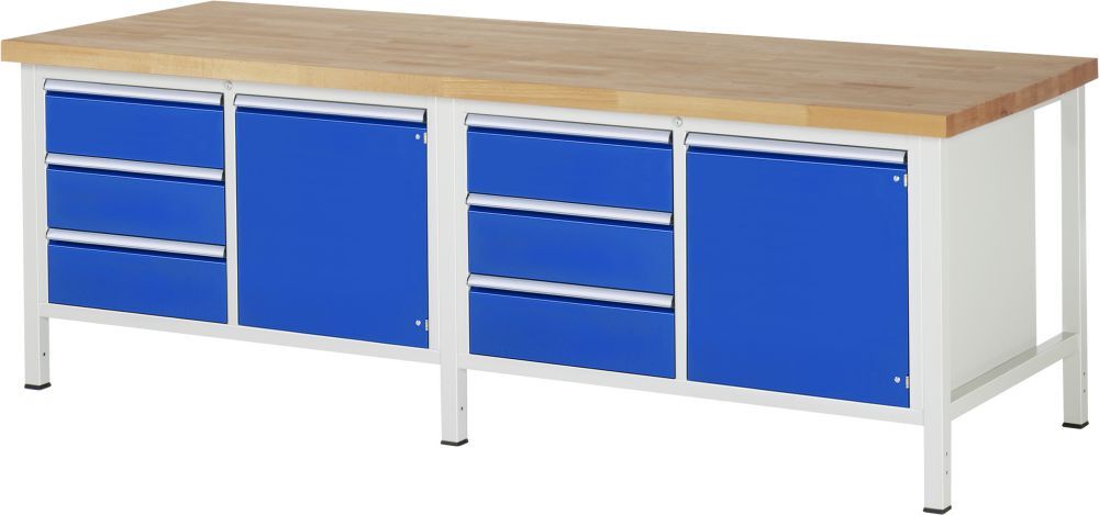 RAU Werkbank Modell 8468 B2500 x T900 x H840 mm, Gestell RAL7035, Ausstatung RAL5010 Produktbild RAU Werkbank Modell 8468 B2500 x T900 x H840 mm, Gestell RAL7035, Ausstatung RAL5010