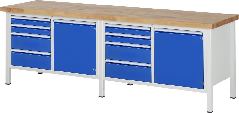 RAU Werkbank Modell 8470 B2500 x T700 x H840 mm, Gestell RAL7035, Ausstatung RAL5010 RAU Werkbank Modell 8470 B2500 x T700 x H840 mm, Gestell RAL7035, Ausstatung RAL5010