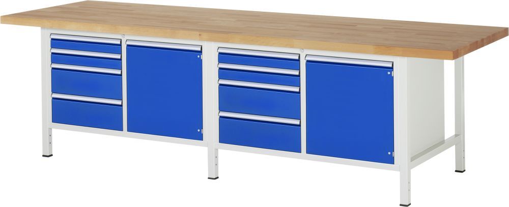 RAU Werkbank Modell 8470 B3000 x T900 x H840 mm, Gestell RAL7035,Ausstatung RAL5010 Produktbild RAU Werkbank Modell 8470 B3000 x T900 x H840 mm, Gestell RAL7035,Ausstatung RAL5010