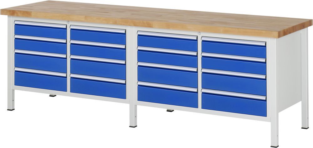 RAU Werkbank Modell 8477 B2500 x T700 x H840 mm, Gestell RAL7035, Ausstatung RAL5010 Produktbild RAU Werkbank Modell 8477 B2500 x T700 x H840 mm, Gestell RAL7035, Ausstatung RAL5010