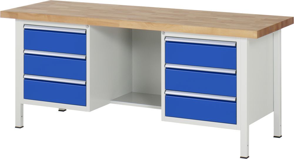 RAU Werkbank Modell 8554 B2000 x T700 x H840 mm, Gestell RAL7035, Ausstatung RAL5010 Produktbild RAU Werkbank Modell 8554 B2000 x T700 x H840 mm, Gestell RAL7035, Ausstatung RAL5010