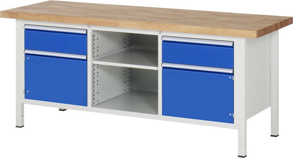 RAU Werkbank Modell 8561 B2000 x T700 x H840 mm, Gestell RAL7035, Ausstatung RAL5010 Produktbild RAU Werkbank Modell 8561 B2000 x T700 x H840 mm, Gestell RAL7035, Ausstatung RAL5010