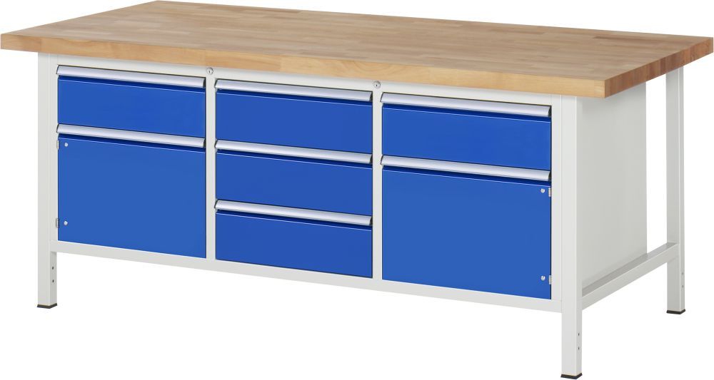 RAU Werkbank Modell 8568 B2000 x T900 x H840 mm, Gestell RAL7035, Ausstatung RAL5010 Produktbild RAU Werkbank Modell 8568 B2000 x T900 x H840 mm, Gestell RAL7035, Ausstatung RAL5010