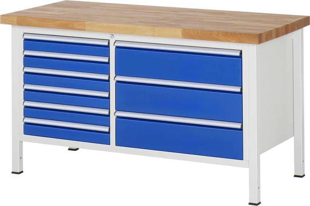RAU Werkbank Modell 8653 B1500 x T700 x H840 mm, Gestell RAL7035, Ausstatung RAL5010 Produktbild RAU Werkbank Modell 8653 B1500 x T700 x H840 mm, Gestell RAL7035, Ausstatung RAL5010