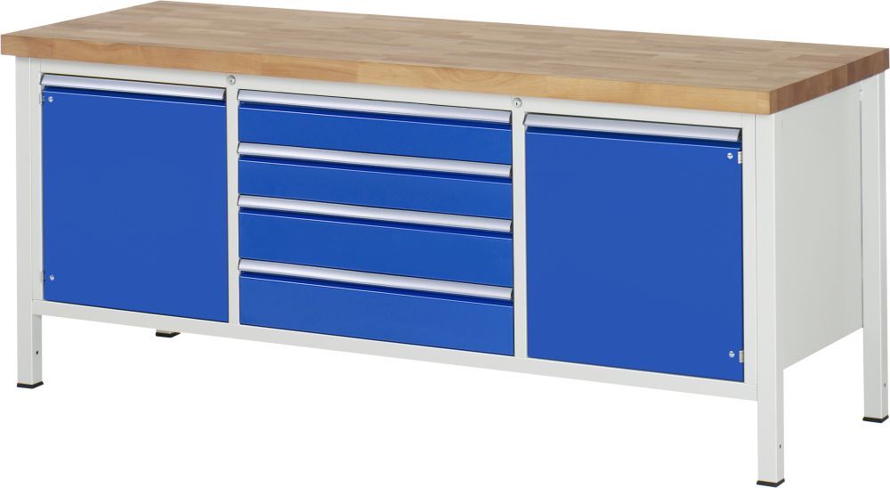 RAU Werkbank Modell 8752 B2000 x T700 x H840 mm, Gestell RAL7035, Ausstatung RAL5010 Produktbild RAU Werkbank Modell 8752 B2000 x T700 x H840 mm, Gestell RAL7035, Ausstatung RAL5010