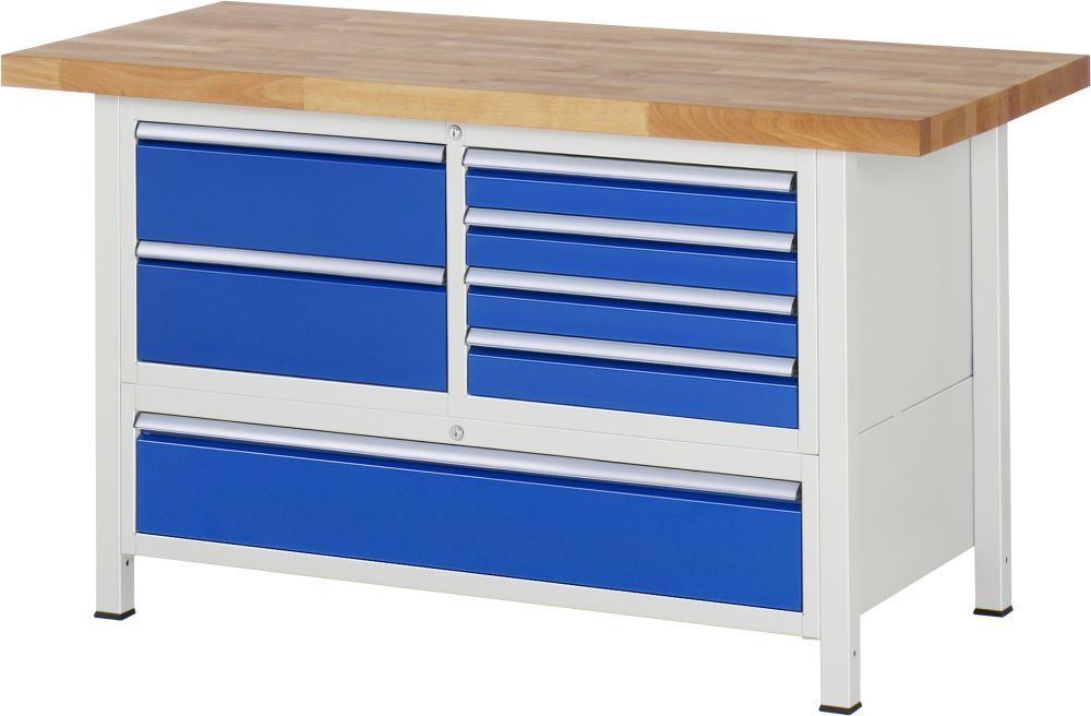 RAU Werkbank Modell 8931 B1500 x T700 x H840 mm, Gestell RAL7035, Ausstatung RAL5010 Produktbild RAU Werkbank Modell 8931 B1500 x T700 x H840 mm, Gestell RAL7035, Ausstatung RAL5010