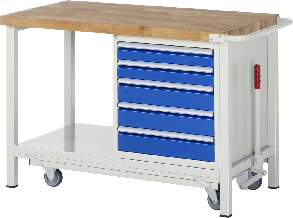 RAU Werkbank mit absenkbarem Fahrgestell Modell 8171 B1250 x T700 x H880 mm Produktbild RAU Werkbank mit absenkbarem Fahrgestell Modell 8171 B1250 x T700 x H880 mm