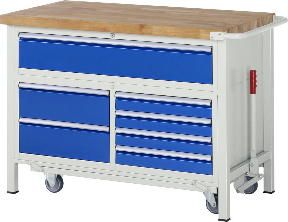 RAU Werkbank mit absenkbarem Fahrgestell Modell 8921 B 1250 mm x T 700 mm x H 880 mm Produktbild RAU Werkbank mit absenkbarem Fahrgestell Modell 8921 B 1250 mm x T 700 mm x H 880 mm