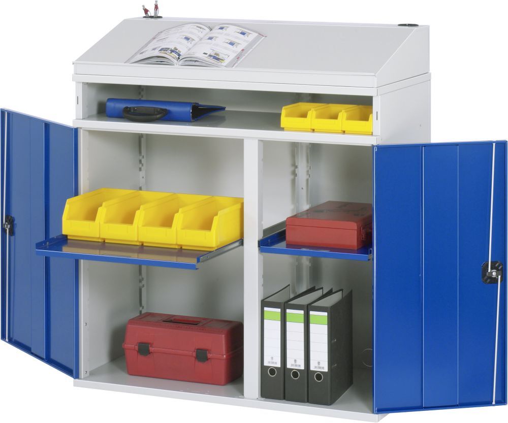 RAU Beistellschrank-Stehpult 01 B1100 x T520 mm, Gestell RAL7035 Ausstatung RAL5010 Produktbild RAU Beistellschrank-Stehpult 01 B1100 x T520 mm, Gestell RAL7035 Ausstatung RAL5010