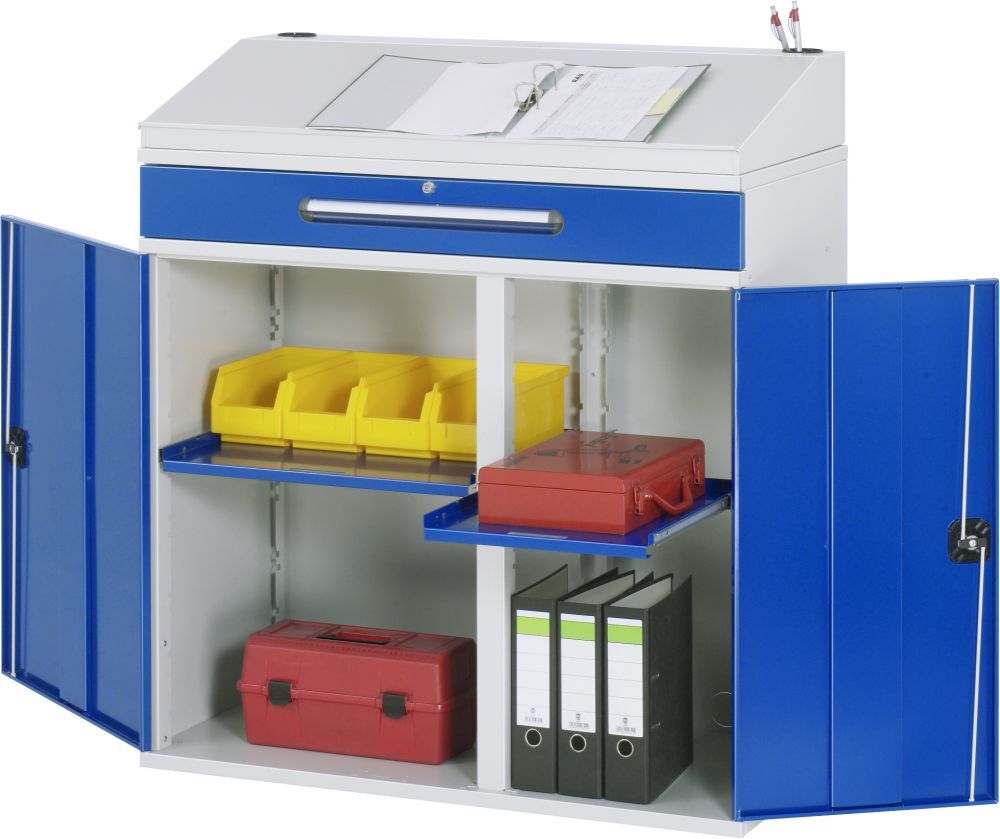 RAU Beistellschrank-Stehpult 02 B1100 x 520 mm, Gestell RAL7035, Ausstatung RAL5010 Produktbild RAU Beistellschrank-Stehpult 02 B1100 x 520 mm, Gestell RAL7035, Ausstatung RAL5010