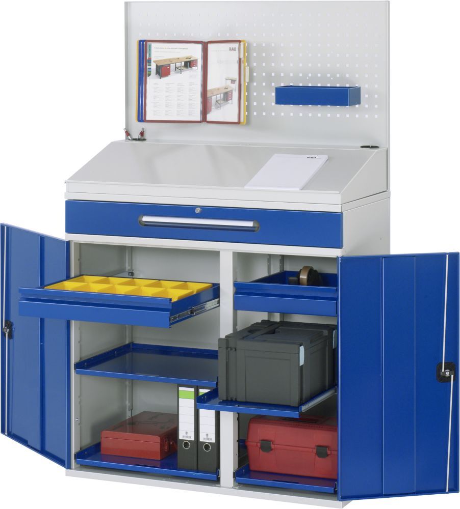RAU Beistellschrank-Stehpult 04 B1100 x T520 mm, Gestell RAL7035, Ausstatung RAL5010 Produktbild RAU Beistellschrank-Stehpult 04 B1100 x T520 mm, Gestell RAL7035, Ausstatung RAL5010