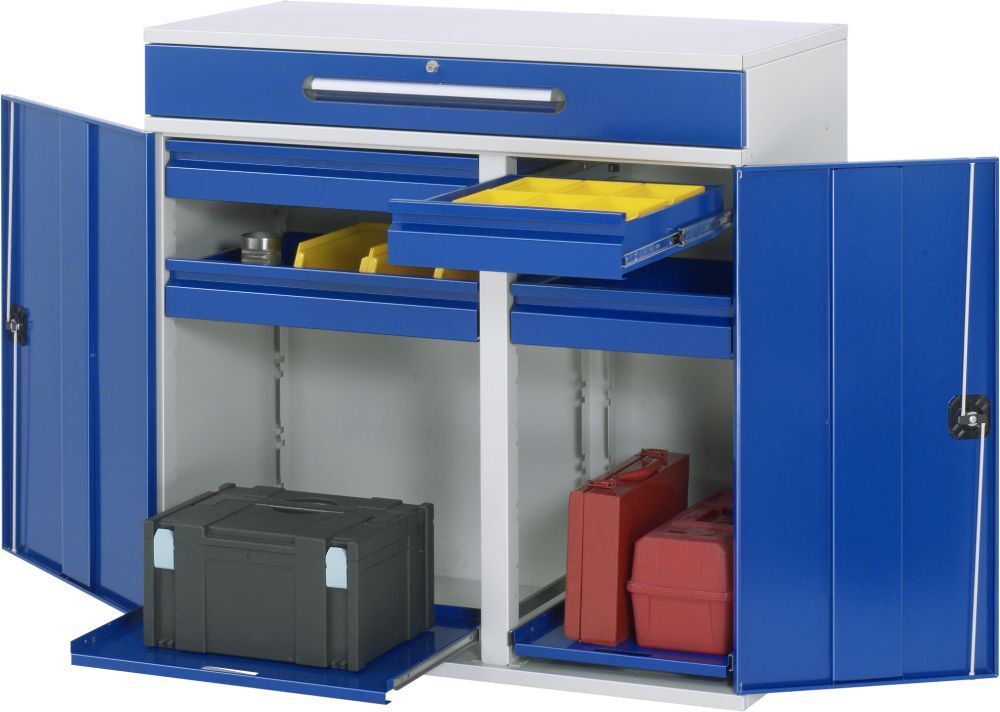 RAU Beistellschrank-Stehpult 32 B1100 x T520 mm, Gestell RAL7035, Ausstatung RAL5010 Produktbild RAU Beistellschrank-Stehpult 32 B1100 x T520 mm, Gestell RAL7035, Ausstatung RAL5010