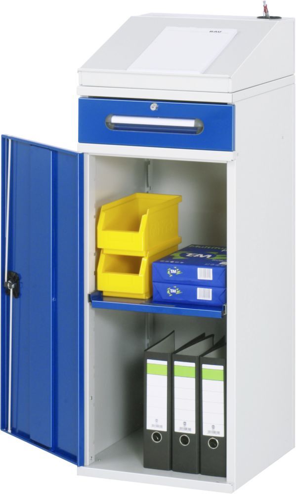 RAU Beistellschrank-Stehpult 02 B450 x T520 mm, Gestell RAL7035, Ausstatung RAL5010 Produktbild RAU Beistellschrank-Stehpult 02 B450 x T520 mm, Gestell RAL7035, Ausstatung RAL5010