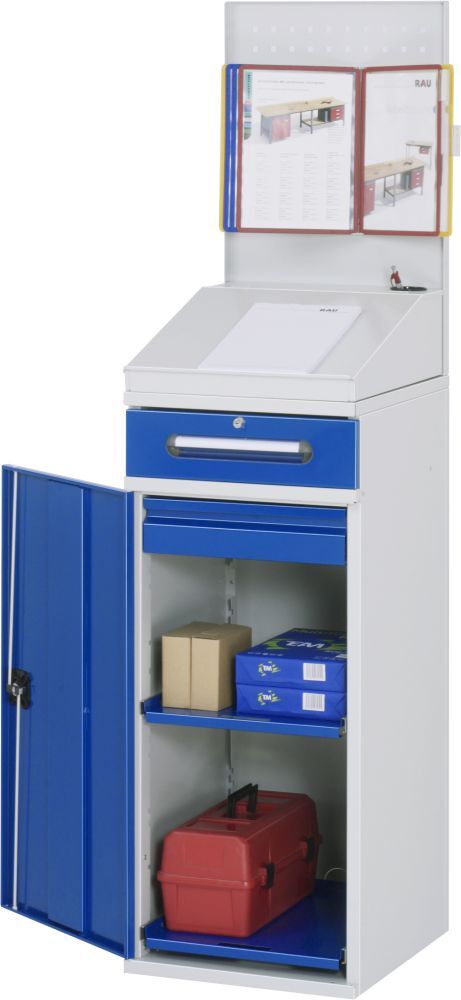RAU Beistellschrank-Stehpult 04 B450 x T520 mm, Gestell RAL7035, Ausstatung RAL5010 Produktbild RAU Beistellschrank-Stehpult 04 B450 x T520 mm, Gestell RAL7035, Ausstatung RAL5010