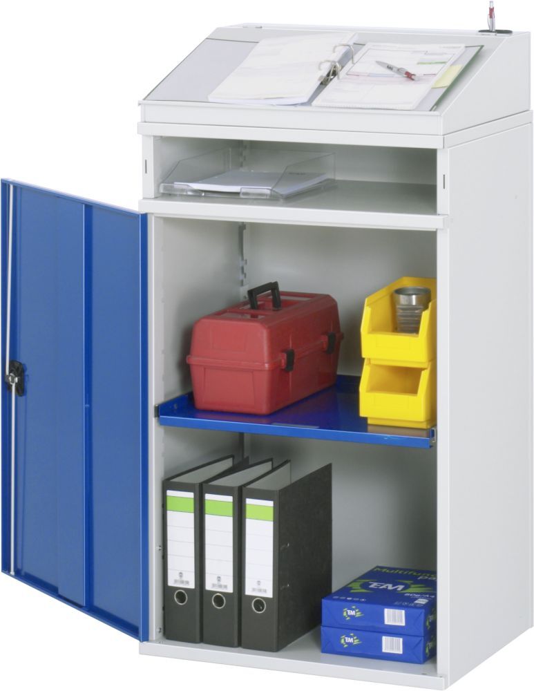 RAU Beistellschrank-Stehpult 01 B650 x T520 mm, Gestell RAL7035, Ausstatung RAL5010 Produktbild RAU Beistellschrank-Stehpult 01 B650 x T520 mm, Gestell RAL7035, Ausstatung RAL5010