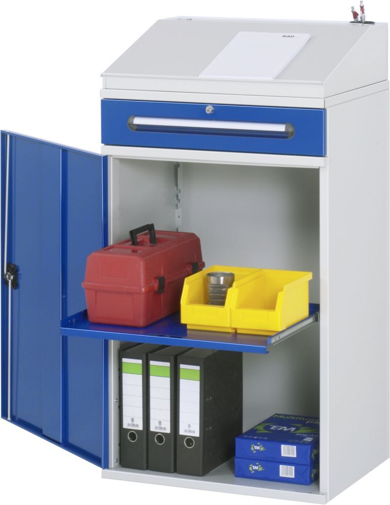 RAU Beistellschrank-Stehpult 02 B650 x T520 mm, Gestell RAL7035, Ausstatung RAL5010 Produktbild RAU Beistellschrank-Stehpult 02 B650 x T520 mm, Gestell RAL7035, Ausstatung RAL5010