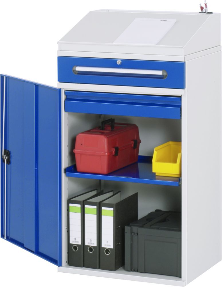 RAU Beistellschrank-Stehpult 03 B650 x T520 mm, Gestell RAL7035, Ausstatung RAL5010 Produktbild RAU Beistellschrank-Stehpult 03 B650 x T520 mm, Gestell RAL7035, Ausstatung RAL5010