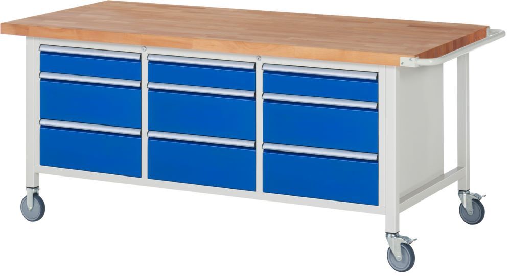 Rau Werkbänke Fahrbare Werkbank 8573 2000 x 900 x 880 bis 1080 mm 9 Schubladen in blau Produktbild Rau Werkbänke Fahrbare Werkbank 8573 2000 x 900 x 880 bis 1080 mm 9 Schubladen in blau