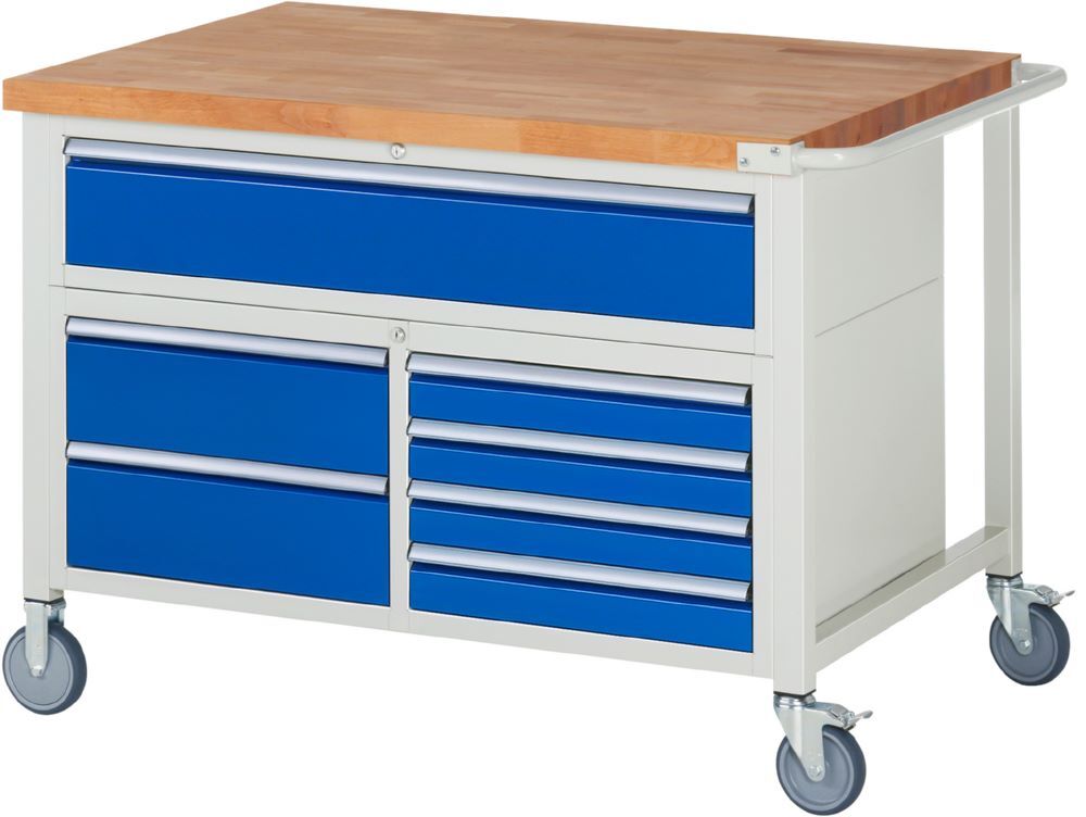 Rau Werkbänke Fahrbare Werkbank 8921 1250 x 900 x 920 bis 1120 mm 7 Schubladen in blau Produktbild Rau Werkbänke Fahrbare Werkbank 8921 1250 x 900 x 920 bis 1120 mm 7 Schubladen in blau