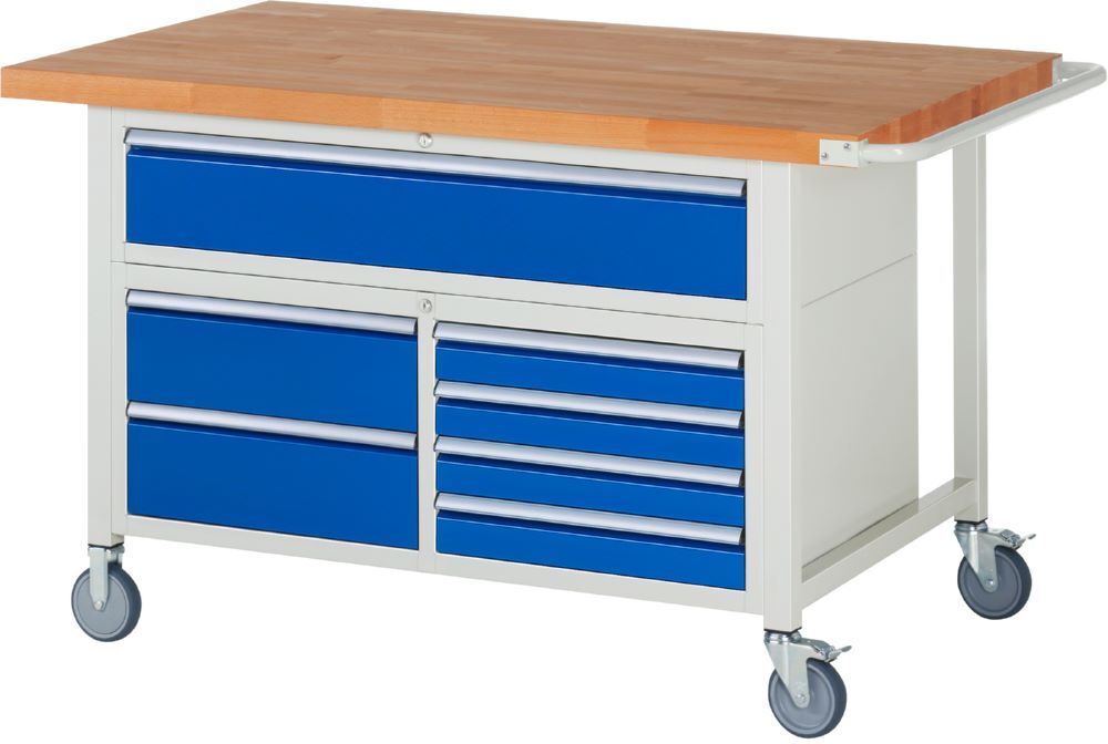 Rau Werkbänke Fahrbare Werkbank 8921 1500 x 900 x 920 bis 1120 mm 7 Schubladen in blau Produktbild Rau Werkbänke Fahrbare Werkbank 8921 1500 x 900 x 920 bis 1120 mm 7 Schubladen in blau