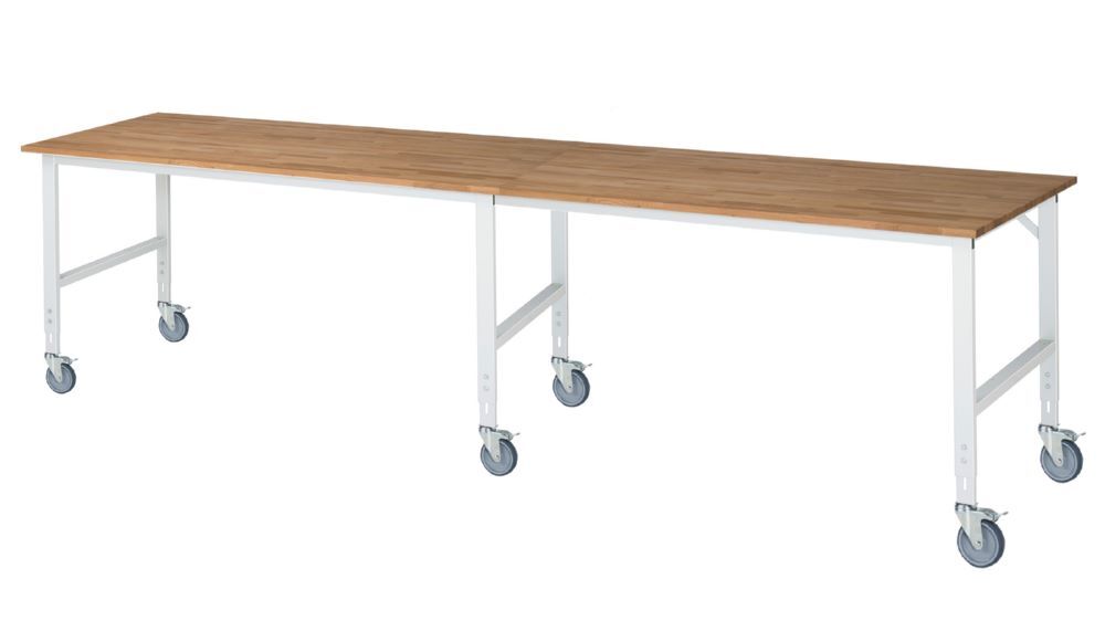 Produktbild Rau Werkbänke Fahrbarer Arbeitstisch Tom 4000 x 1000 x 910-1230 mm Platte 25 mm 6 Lenkrollen
