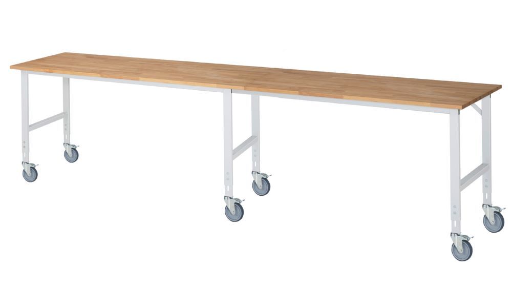 Produktbild Rau Werkbänke Fahrbarer Arbeitstisch Tom 4000 x 800 x 910-1230 mm Platte 25 mm 6 Lenkrollen