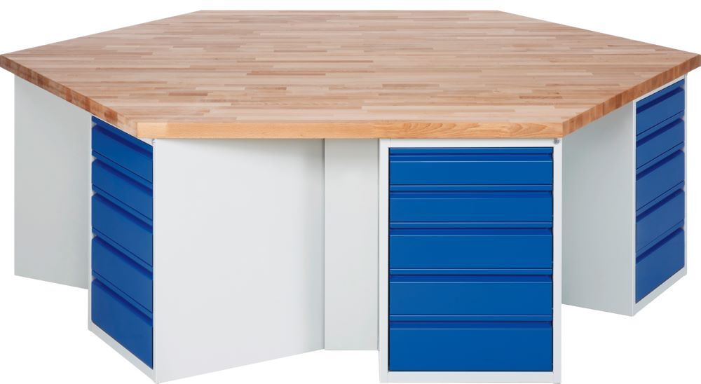 Produktbild Rau Werkbänke Gruppenwerkbank 497I 2700 x 2340 x 890 mm 6x5 Schubladen Buche