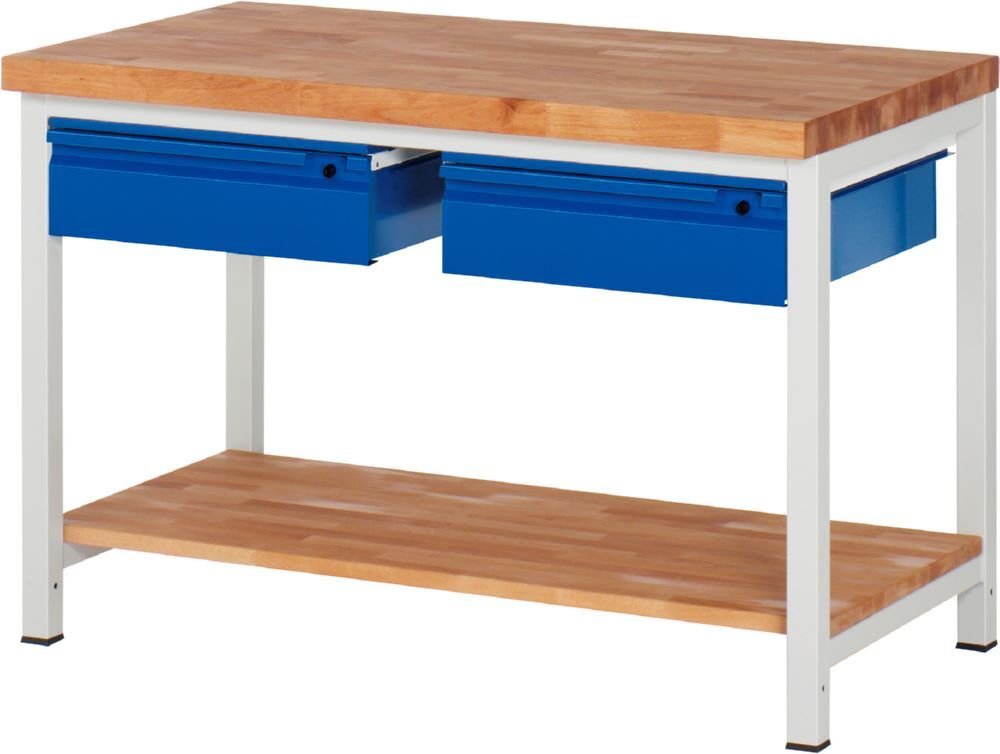Produktbild Rau Werkbänke Werkbank 8002I7 1250 x 700 x 840 mm Ablageboden Buche mit 2 Schubladen