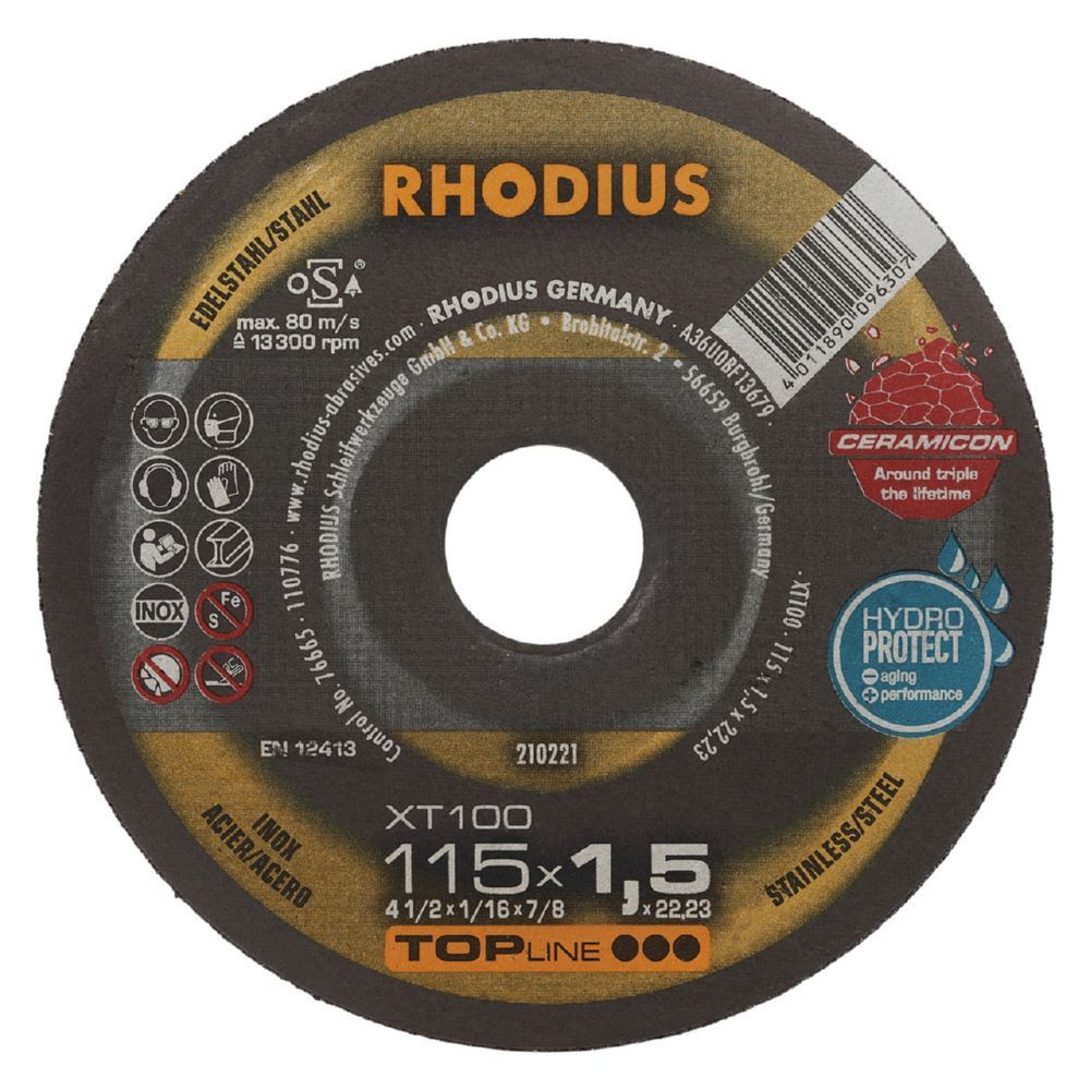Rhodius XT100 Extradünne Trennscheibe Stärke 1,5 mm Durchmesser 115 mm Produktbild Rhodius XT100 Extradünne Trennscheibe Stärke 1,5 mm Durchmesser 115 mm