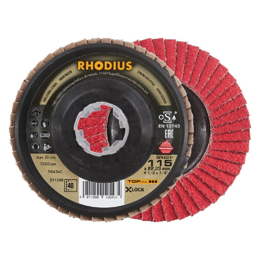 Rhodius JUMBO SPEED P X-LOCK Fächerschleifscheibe 115 x 22,23 mm K40 schräg Produktbild Rhodius JUMBO SPEED P X-LOCK Fächerschleifscheibe 115 x 22,23 mm K40 schräg