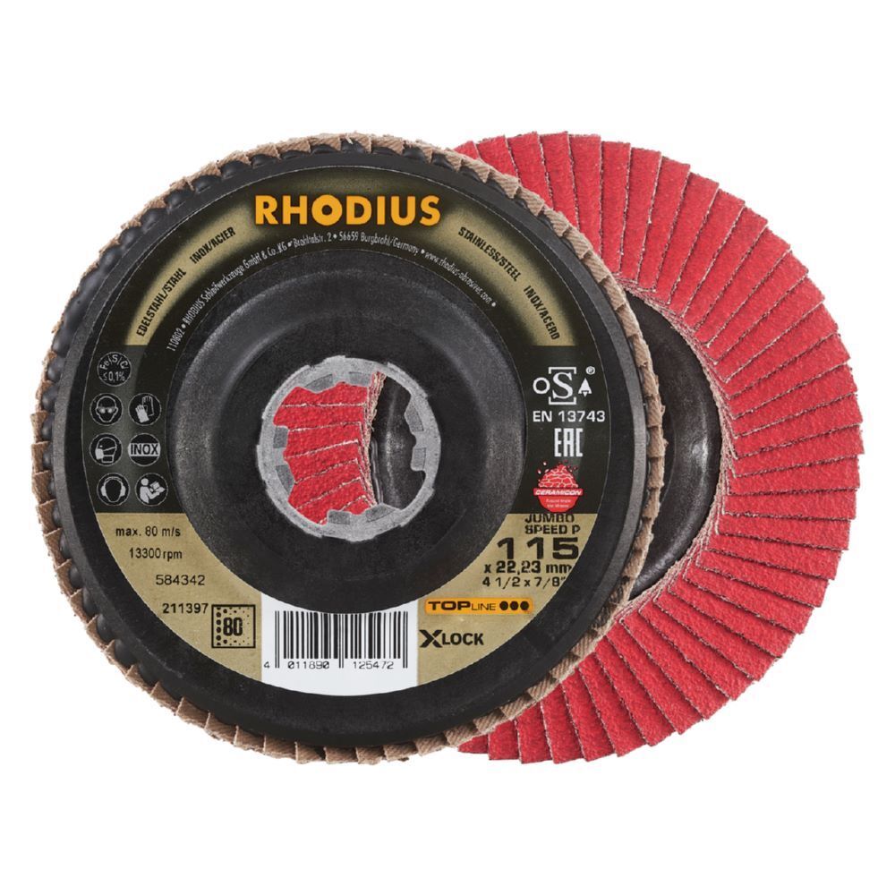 Rhodius JUMBO SPEED P X-LOCK Fächerschleifscheibe 115 x 22,23 mm K80 schräg Produktbild Rhodius JUMBO SPEED P X-LOCK Fächerschleifscheibe 115 x 22,23 mm K80 schräg
