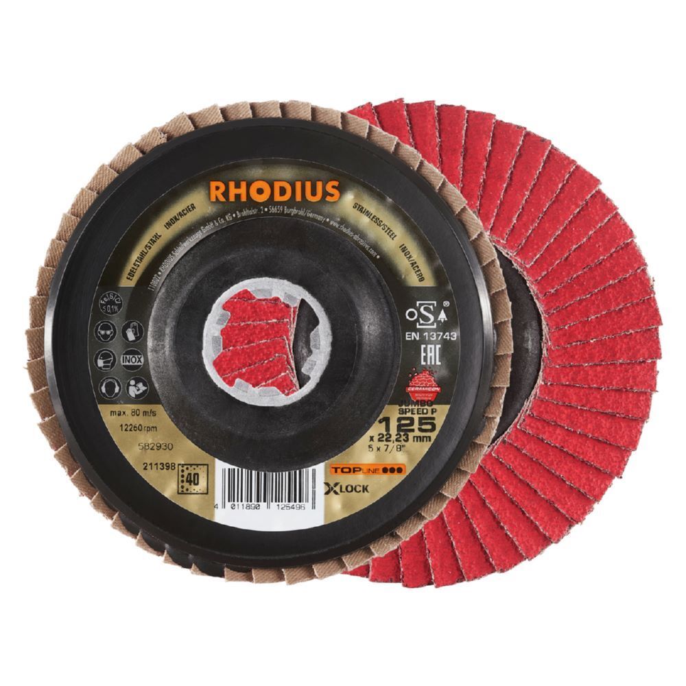 Rhodius JUMBO SPEED P X-LOCK Fächerschleifscheibe 125 x 22,23 mm K40 schräg Produktbild Rhodius JUMBO SPEED P X-LOCK Fächerschleifscheibe 125 x 22,23 mm K40 schräg