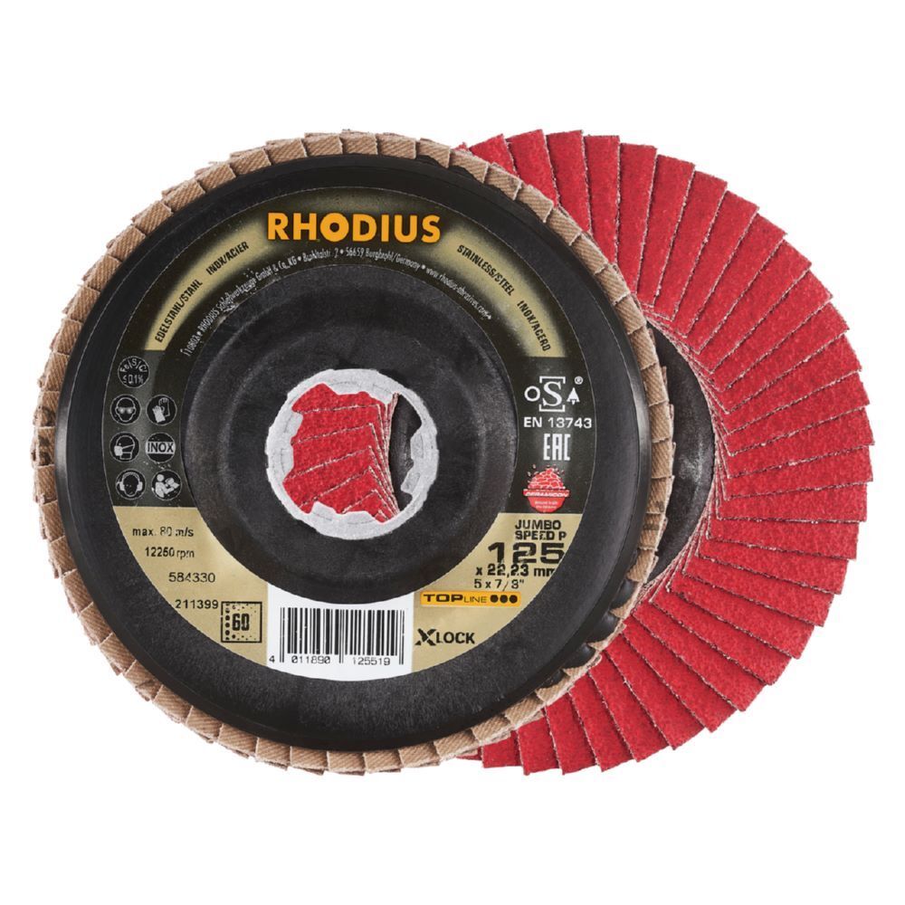 Rhodius JUMBO SPEED P X-LOCK Fächerschleifscheibe 125 x 22,23 mm K60 schräg Produktbild Rhodius JUMBO SPEED P X-LOCK Fächerschleifscheibe 125 x 22,23 mm K60 schräg