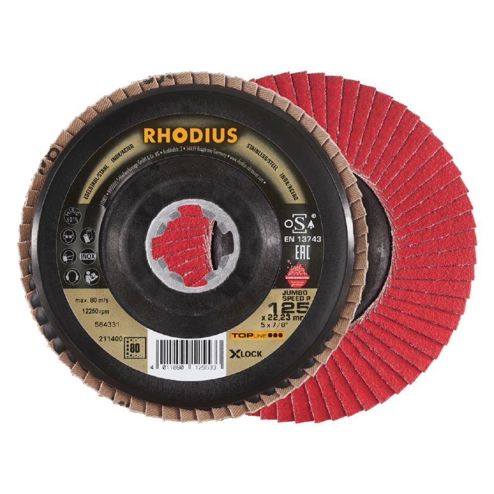 Rhodius JUMBO SPEED P X-LOCK Fächerschleifscheibe 125 x 22,23 mm K80 schräg Produktbild Rhodius JUMBO SPEED P X-LOCK Fächerschleifscheibe 125 x 22,23 mm K80 schräg