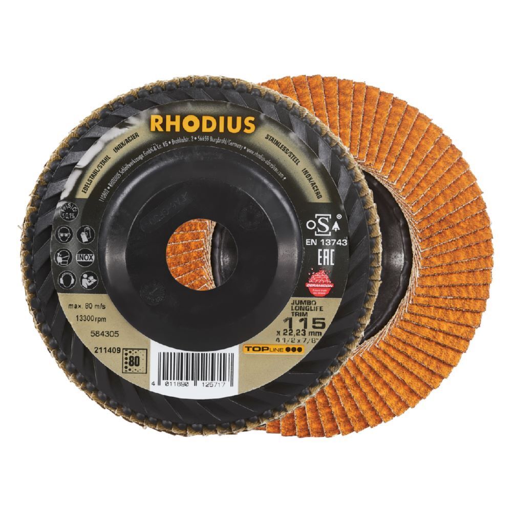 Rhodius JUMBO LONGLIFE TRIM Fächerschleifscheibe 115 x 22,23 mm K80 Produktbild Rhodius JUMBO LONGLIFE TRIM Fächerschleifscheibe 115 x 22,23 mm K80