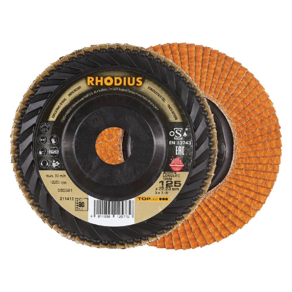 Rhodius JUMBO LONGLIFE TRIM Fächerschleifscheibe 125 x 22,23 mm K80 Produktbild Rhodius JUMBO LONGLIFE TRIM Fächerschleifscheibe 125 x 22,23 mm K80