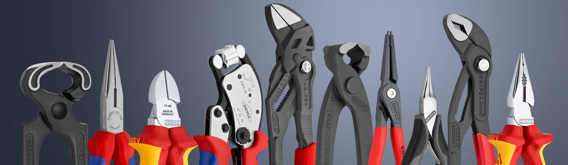 Knipex Zangen aufrecht nebeneinander aufgereiht vor einem dunkelgrauen Hintergrund Knipex Zangen aufrecht nebeneinander aufgereiht vor einem dunkelgrauen Hintergrund